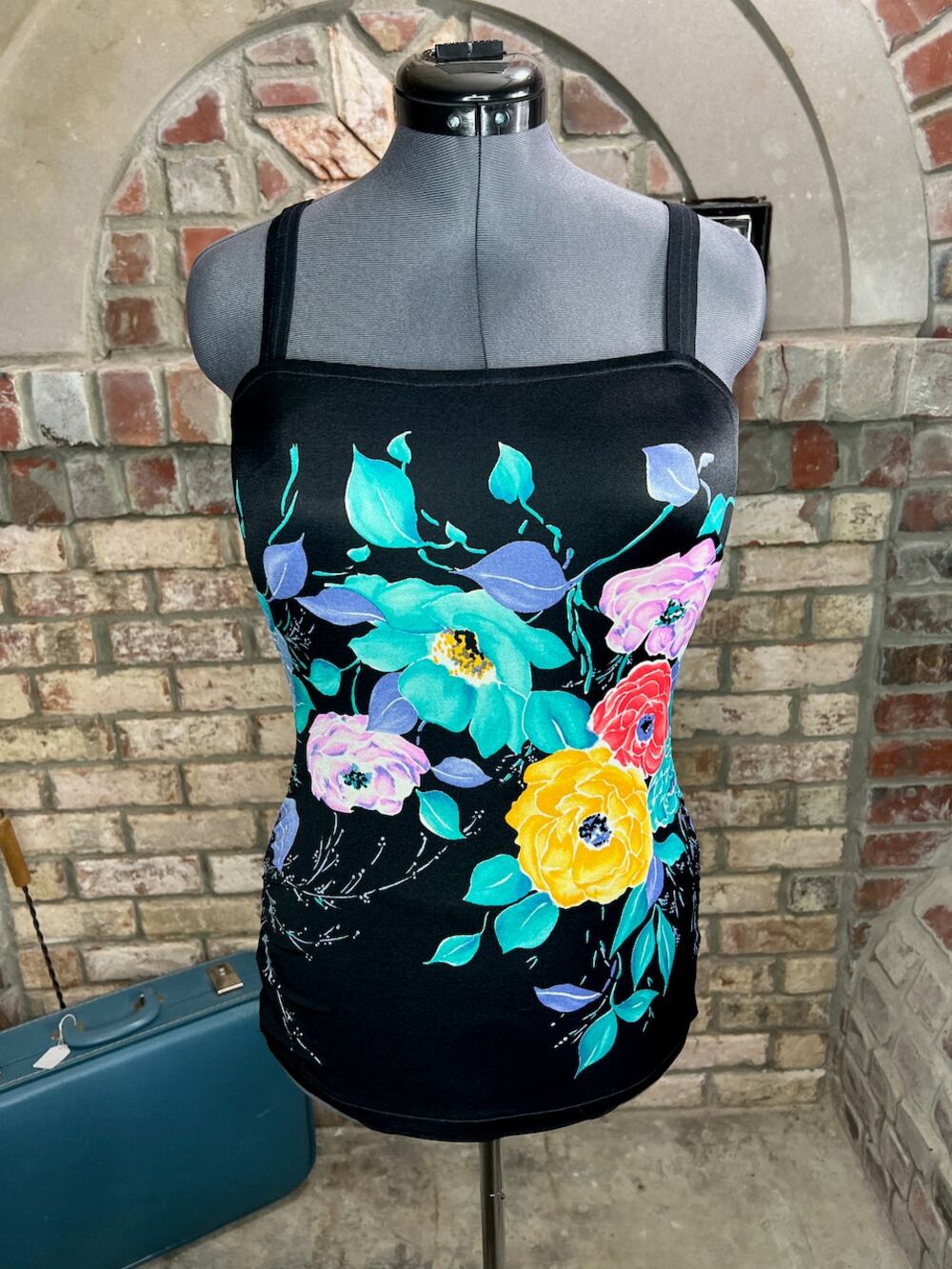 one piece swimsuit floral Vintage 1980s modesty panel